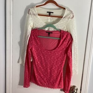 VICTORIA SECRET WOMAN XS SET OF TWO TOPS PINK WHITE LACE LONG SLEEVE